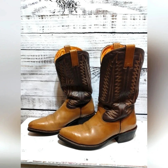Iron Age Boots in Brown Tan size 9D Vintage Steel Toe Leather Western Two Tone - Picture 2 of 7